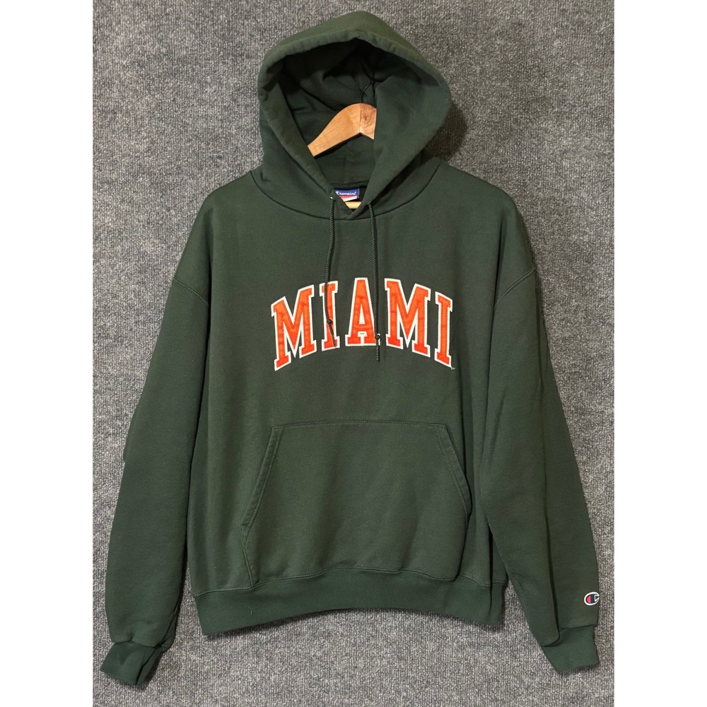 Champion Mens L Hoodie Green University of Miami Hurricanes Collegiate Pullover